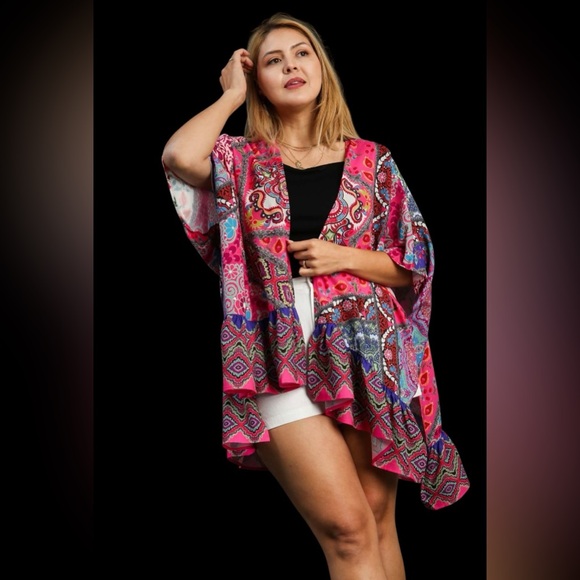 Umgee Other - 🆕 UMGEE Mixed Print Open Front Kimono with Back V-Neck Tie and Ruffle Hem